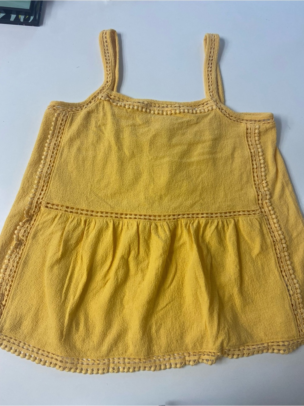 Time + Tru Yellow Textured Lace Tank Top Pompom Trim worn once women's size S